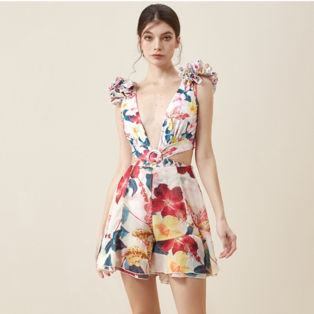 Deep V neck cut out One Piece Suit with Shorts